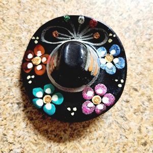 Floral Sombrero Refrigerator Magnet Clay Glazed Glitter Multicolor 2.25" Mexico